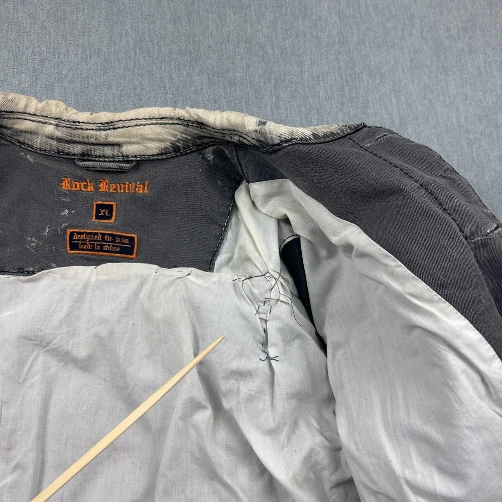 VTG‎ Rock Revival Jacket Mens XL Gray Distressed Studded Rare Custom Patch Skull